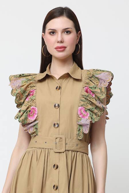 Midori By Sgv Brown Cotton Embellished Thread Shirt Collar Elie Floral Ruffle Dress Online at Aza Fashions Midori By Sgv_Brown Cotton Embellished Thread Shirt Collar Elie Floral Ruffle Dress _Online_at_Aza_Fashions