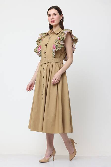 Buy_Midori By Sgv_Brown Cotton Embellished Thread Shirt Collar Elie Floral Ruffle Dress  _Online_at_Aza_Fashions