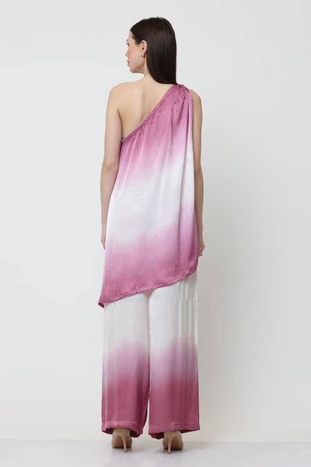 Shop_Midori By Sgv_Pink Satin Pearls, Sequins One Shoulder Celia Embellished Ombre Kurta With Pant _at_Aza_Fashions