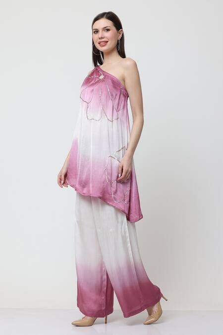Shop_Midori By Sgv_Pink Satin Pearls, Sequins One Shoulder Celia Embellished Ombre Kurta With Pant _Online_at_Aza_Fashions