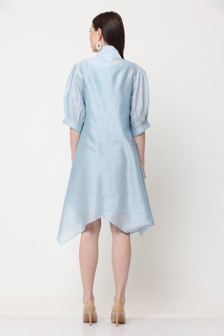 Shop_Midori By Sgv_Blue Cotton Silk Chanderi Nihara Embroidered Asymmetric Dress  _at_Aza_Fashions