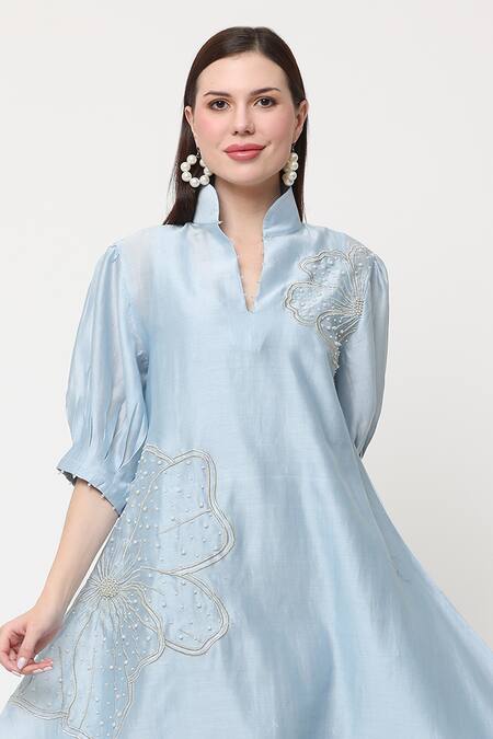 Midori By Sgv_Blue Cotton Silk Chanderi Nihara Embroidered Asymmetric Dress  _Online_at_Aza_Fashions
