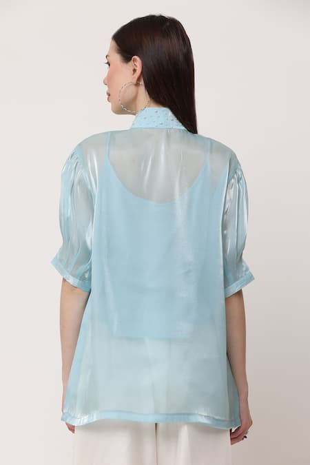 Shop_Midori By Sgv_Blue Organza Embellished Pearl Mandarin Collar Camile Pleated Top  _at_Aza_Fashions