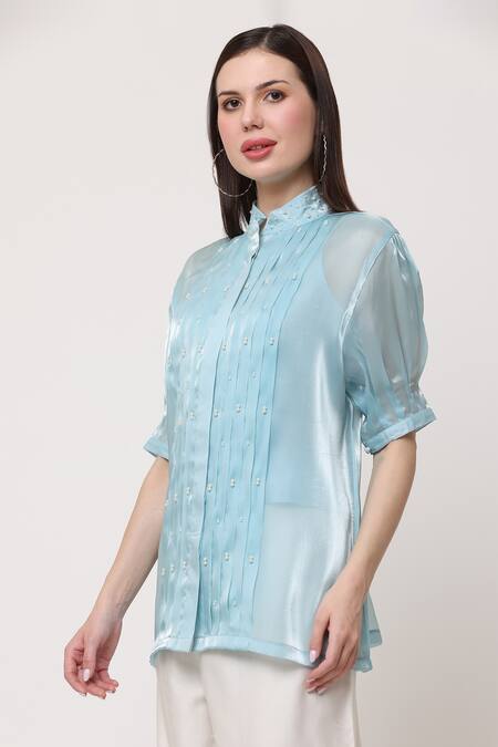 Buy_Midori By Sgv_Blue Organza Embellished Pearl Mandarin Collar Camile Pleated Top  _Online_at_Aza_Fashions