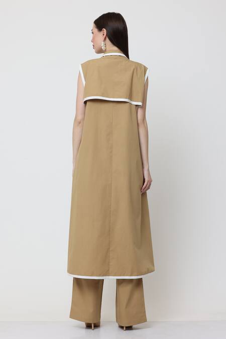 Shop_Midori By Sgv_Brown Cotton Embroidered Thread Jacket Lapel Collar Sylvie Solid Pant Set _at_Aza_Fashions