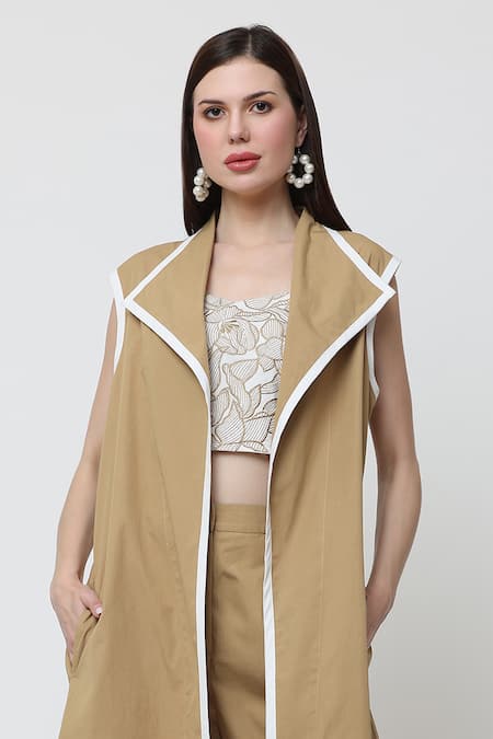 Buy_Midori By Sgv_Brown Cotton Embroidered Thread Jacket Lapel Collar Sylvie Solid Pant Set _Online_at_Aza_Fashions