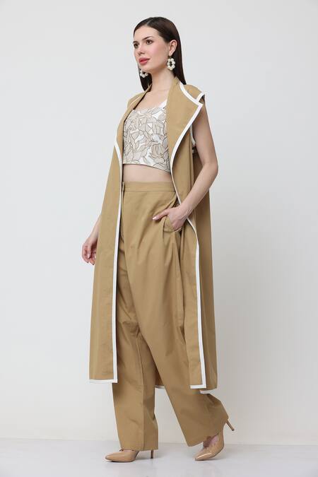 Shop_Midori By Sgv_Brown Cotton Embroidered Thread Jacket Lapel Collar Sylvie Solid Pant Set _Online_at_Aza_Fashions