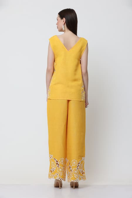 Shop_Midori By Sgv_Yellow Cotton Linen Slub Cutwork V-neck Chrisi Top With Pant _at_Aza_Fashions