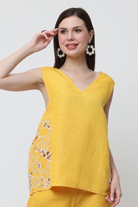Midori By Sgv_Yellow Cotton Linen Slub Cutwork V-neck Chrisi Top With Pant _Online_at_Aza_Fashions