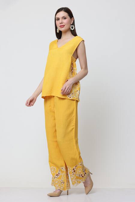 Shop_Midori By Sgv_Yellow Cotton Linen Slub Cutwork V-neck Chrisi Top With Pant _Online_at_Aza_Fashions