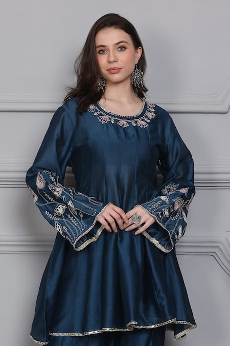 Midori By Sgv_Blue Chanderi, Cotton Pearls, Zari Kali Embroidered Anarkali With Petal Pant _Online_at_Aza_Fashions