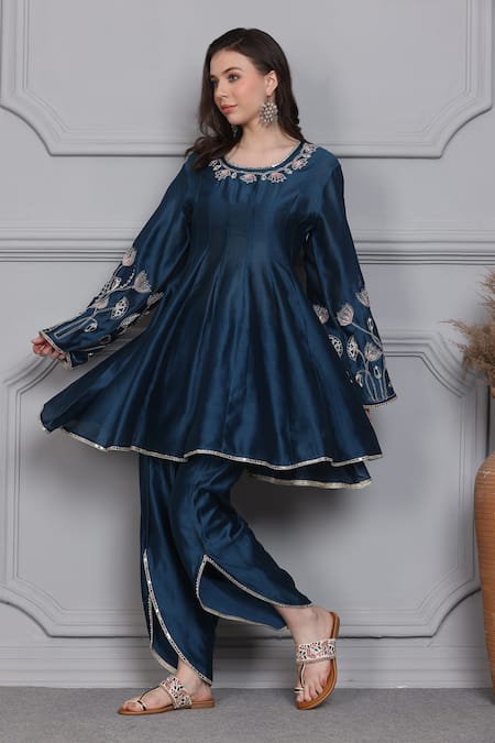 Buy_Midori By Sgv_Blue Chanderi, Cotton Pearls, Zari Kali Embroidered Anarkali With Petal Pant _Online_at_Aza_Fashions