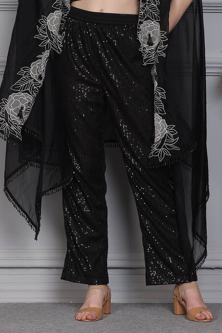 Buy_Midori By Sgv_Black Sequins Sweetheart Neck Lily Floral Border Cape Pant Set _Online_at_Aza_Fashions