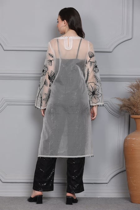 Shop_Midori By Sgv_White Silk Sequins Sweetheart Neck Lotus Embroidered Sheer Cape Pant Set _at_Aza_Fashions