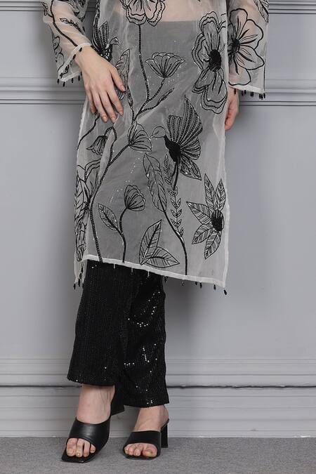 Midori By Sgv_White Silk Sequins Sweetheart Neck Lotus Embroidered Sheer Cape Pant Set _Online_at_Aza_Fashions