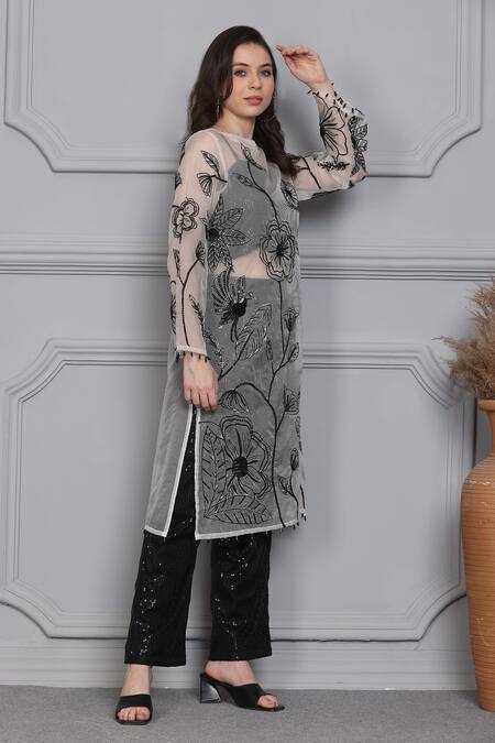 Shop_Midori By Sgv_White Silk Sequins Sweetheart Neck Lotus Embroidered Sheer Cape Pant Set _Online_at_Aza_Fashions