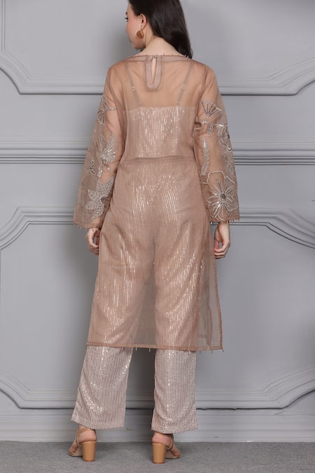 Shop_Midori By Sgv_Beige Organza Sequins, Embroidery Sweetheart Neck, Sheer Lotus Cape Pant Set _at_Aza_Fashions