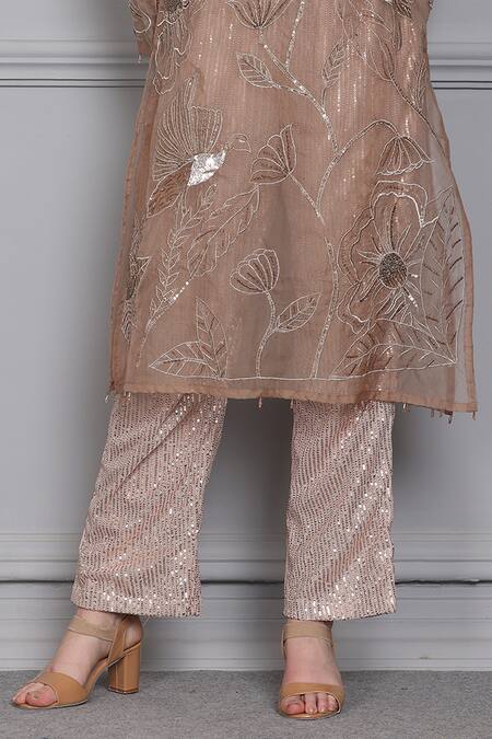 Midori By Sgv Beige Organza Sequins, Embroidery Sweetheart Neck, Sheer Lotus Cape Pant Set Online at Aza Fashions Midori By Sgv_Beige Organza Sequins, Embroidery Sweetheart Neck, Sheer Lotus Cape Pant Set _Online_at_Aza_Fashions