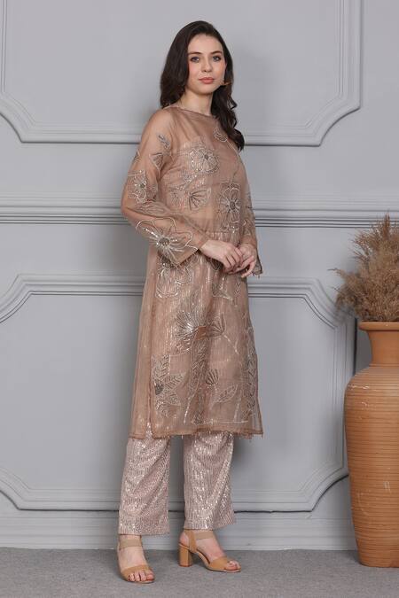 Shop_Midori By Sgv_Beige Organza Sequins, Embroidery Sweetheart Neck, Sheer Lotus Cape Pant Set _Online_at_Aza_Fashions