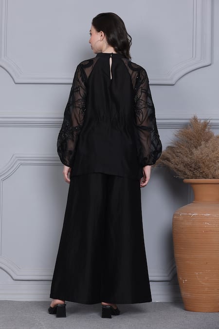 Shop_Midori By Sgv_Black Cotton Silk Chanderi Embroidered Thread Band Floral Sleeve Top With Pant _at_Aza_Fashions