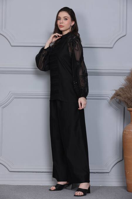Shop_Midori By Sgv_Black Cotton Silk Chanderi Embroidered Thread Band Floral Sleeve Top With Pant _Online_at_Aza_Fashions