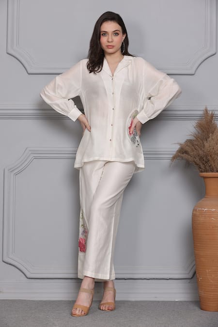 Midori By Sgv_Off White Chanderi, Cotton Pearls, Sequins, Floral Panel Shirt With Pant _Online_at_Aza_Fashions