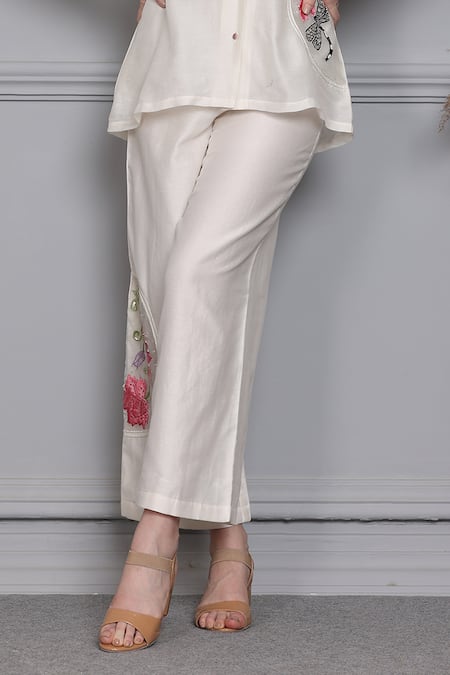 Buy Midori By Sgv Off White Chanderi, Cotton Pearls, Sequins, Floral Panel Shirt With Pant Online at Aza Fashions Buy_Midori By Sgv_Off White Chanderi, Cotton Pearls, Sequins, Floral Panel Shirt With Pant _Online_at_Aza_Fashions