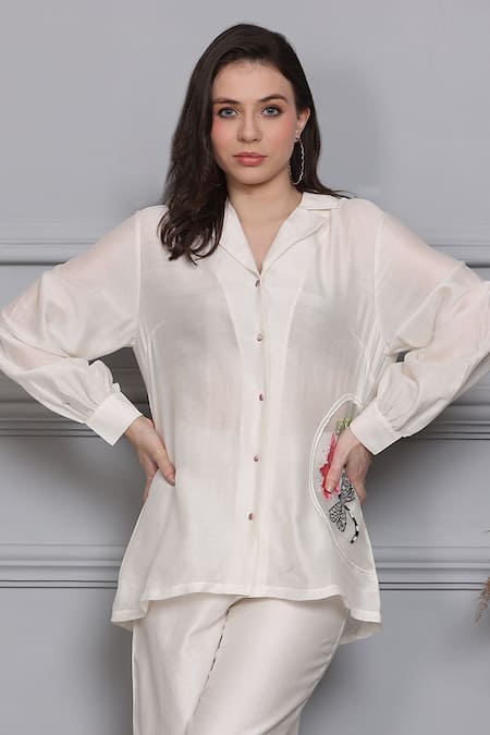 Shop Midori By Sgv Off White Chanderi, Cotton Pearls, Sequins, Floral Panel Shirt With Pant Online at Aza Fashions Shop_Midori By Sgv_Off White Chanderi, Cotton Pearls, Sequins, Floral Panel Shirt With Pant _Online_at_Aza_Fashions