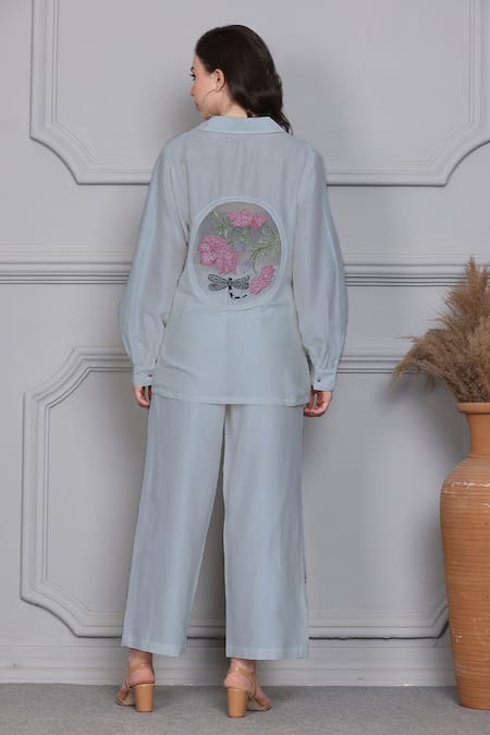 Shop Midori By Sgv Blue Cotton Silk Chanderi Embellished Thread Embroidered Panel Shirt With Pant at Aza Fashions Shop_Midori By Sgv_Blue Cotton Silk Chanderi Embellished Thread Embroidered Panel Shirt With Pant _at_Aza_Fashions