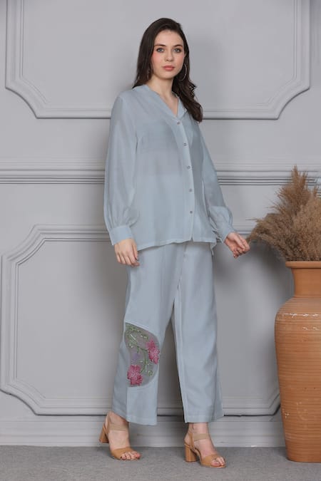 Midori By Sgv Blue Cotton Silk Chanderi Embellished Thread Embroidered Panel Shirt With Pant Online at Aza Fashions Midori By Sgv_Blue Cotton Silk Chanderi Embellished Thread Embroidered Panel Shirt With Pant _Online_at_Aza_Fashions