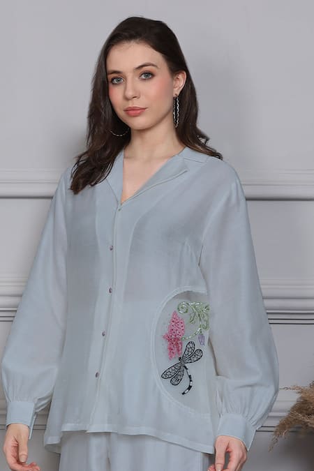 Buy Midori By Sgv Blue Cotton Silk Chanderi Embellished Thread Embroidered Panel Shirt With Pant Online at Aza Fashions Buy_Midori By Sgv_Blue Cotton Silk Chanderi Embellished Thread Embroidered Panel Shirt With Pant _Online_at_Aza_Fashions