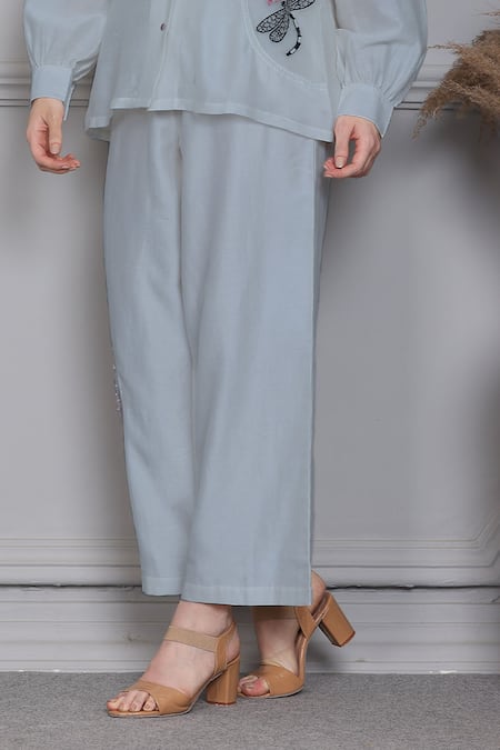 Shop Midori By Sgv Blue Cotton Silk Chanderi Embellished Thread Embroidered Panel Shirt With Pant Online at Aza Fashions Shop_Midori By Sgv_Blue Cotton Silk Chanderi Embellished Thread Embroidered Panel Shirt With Pant _Online_at_Aza_Fashions