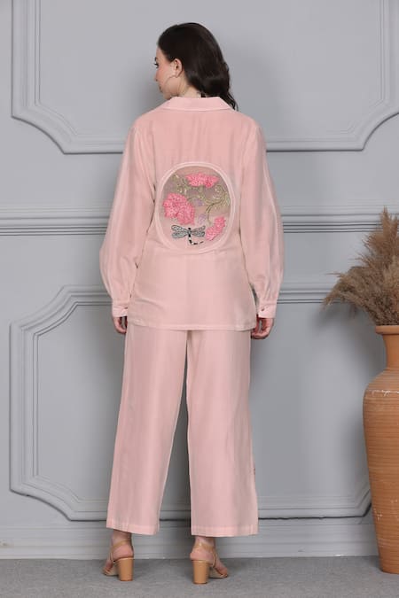 Shop_Midori By Sgv_Pink Chanderi, Cotton Pearls, Sequins Blossom Embroidered Panel Shirt With Pant _at_Aza_Fashions