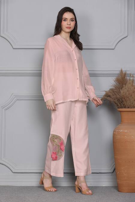 Midori By Sgv_Pink Chanderi, Cotton Pearls, Sequins Blossom Embroidered Panel Shirt With Pant _Online_at_Aza_Fashions