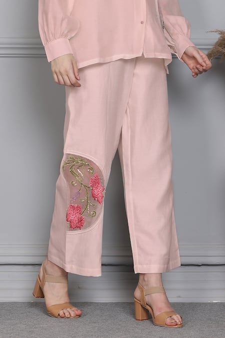 Shop_Midori By Sgv_Pink Chanderi, Cotton Pearls, Sequins Blossom Embroidered Panel Shirt With Pant _Online_at_Aza_Fashions