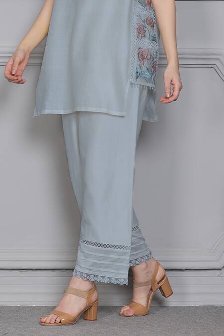 Midori By Sgv_Blue Cotton, Silk, Chanderi Pearls, Embroidered Cutwork Panel Kurta With Pant _Online_at_Aza_Fashions