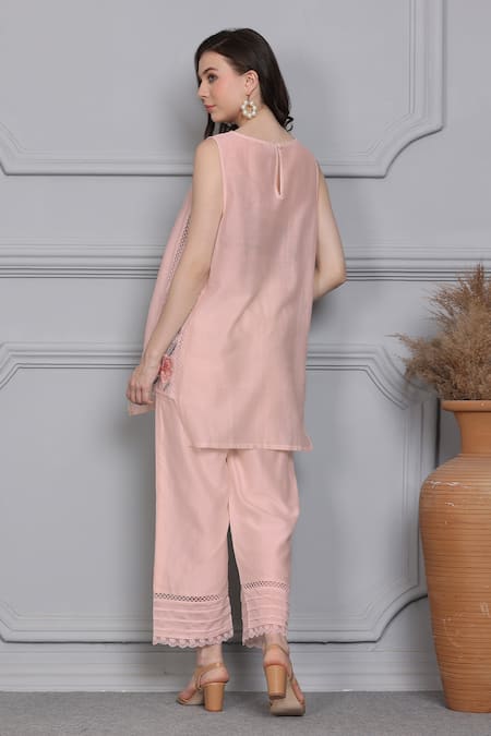 Shop_Midori By Sgv_Pink Cotton, Silk, Chanderi Pearls, Cutwork Embroidered Panel Kurta With Pant _at_Aza_Fashions