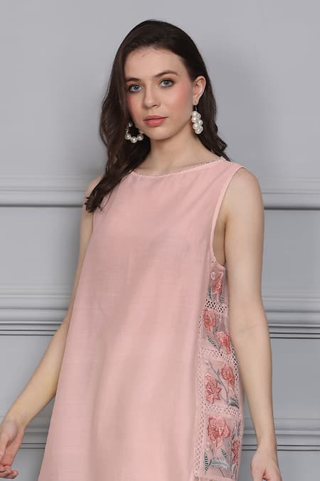 Buy_Midori By Sgv_Pink Cotton, Silk, Chanderi Pearls, Cutwork Embroidered Panel Kurta With Pant _Online_at_Aza_Fashions