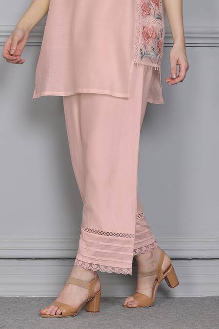 Shop_Midori By Sgv_Pink Cotton, Silk, Chanderi Pearls, Cutwork Embroidered Panel Kurta With Pant _Online_at_Aza_Fashions