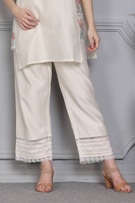 Midori By Sgv White Cotton, Silk, Chanderi Pearls, Embroidery, Floral Panel Kurta With Pant Online at Aza Fashions Midori By Sgv_White Cotton, Silk, Chanderi Pearls, Embroidery, Floral Panel Kurta With Pant _Online_at_Aza_Fashions