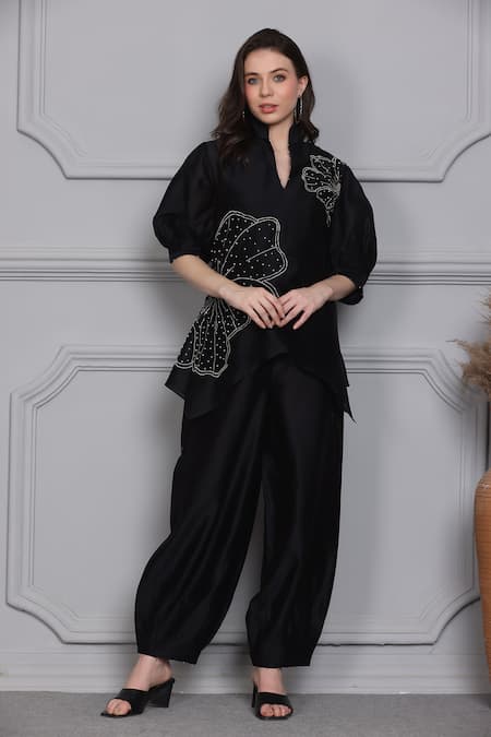 MIDORI BY SGV Black Cotton Silk Naira Embroidered Asymmetric Short Kurta With Pant  