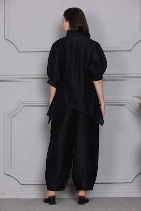 Shop_Midori By Sgv_Black Cotton, Silk, Chanderi Embroidery, Naira Asymmetric Short Kurta With Pant _at_Aza_Fashions