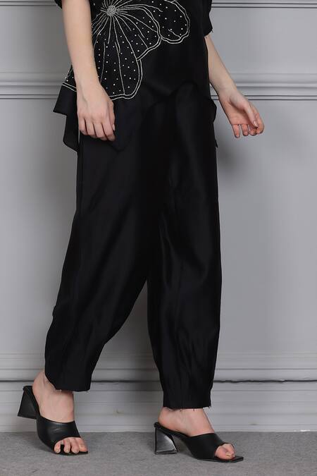 Midori By Sgv_Black Cotton, Silk, Chanderi Embroidery, Naira Asymmetric Short Kurta With Pant _Online_at_Aza_Fashions