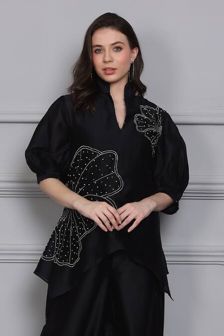 Shop_Midori By Sgv_Black Cotton, Silk, Chanderi Embroidery, Naira Asymmetric Short Kurta With Pant _Online_at_Aza_Fashions