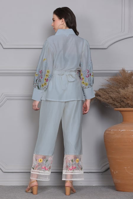 Shop Midori By Sgv Blue Cotton Silk Chanderi Embroidered Floral V Neck Sleeves Top Pant Set at Aza Fashions Shop_Midori By Sgv_Blue Cotton Silk Chanderi Embroidered Floral V Neck Sleeves Top Pant Set _at_Aza_Fashions