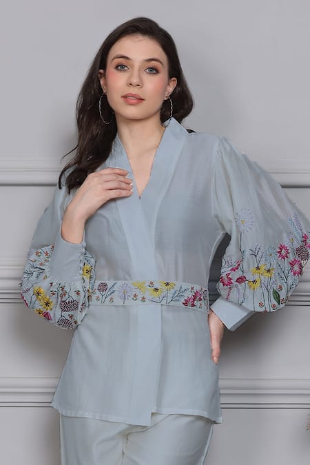 Midori By Sgv Blue Cotton Silk Chanderi Embroidered Floral V Neck Sleeves Top Pant Set Online at Aza Fashions Midori By Sgv_Blue Cotton Silk Chanderi Embroidered Floral V Neck Sleeves Top Pant Set _Online_at_Aza_Fashions