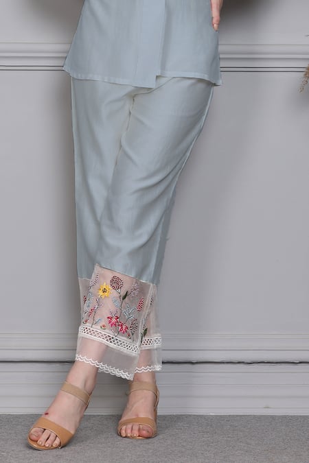 Buy Midori By Sgv Blue Cotton Silk Chanderi Embroidered Floral V Neck Sleeves Top Pant Set Online at Aza Fashions Buy_Midori By Sgv_Blue Cotton Silk Chanderi Embroidered Floral V Neck Sleeves Top Pant Set _Online_at_Aza_Fashions