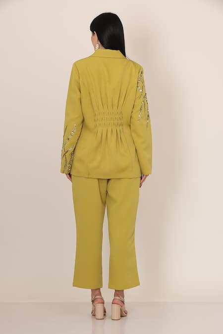 Shop_Midori By Sgv_Green Imported Crepe Embroidered Sequin Lapel Collar Blazer And Pant Set _at_Aza_Fashions