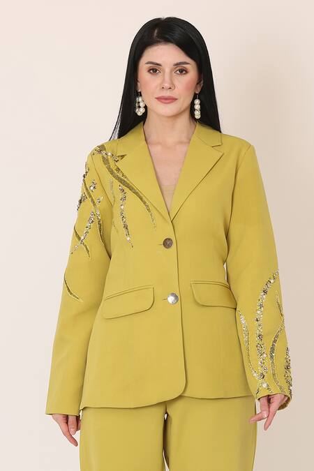 Midori By Sgv_Green Imported Crepe Embroidered Sequin Lapel Collar Blazer And Pant Set _Online_at_Aza_Fashions