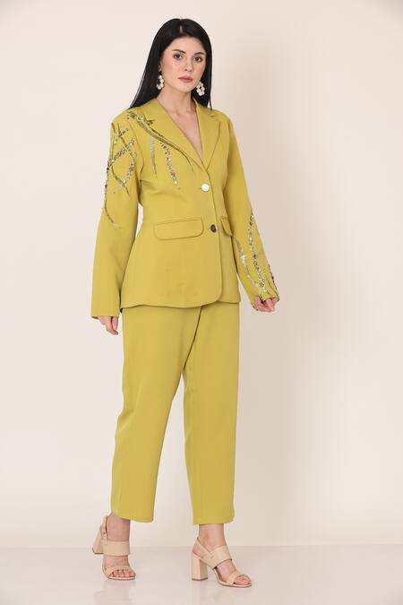 Shop_Midori By Sgv_Green Imported Crepe Embroidered Sequin Lapel Collar Blazer And Pant Set _Online_at_Aza_Fashions